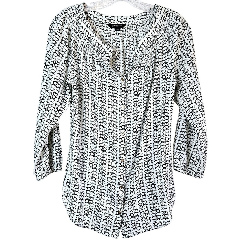 Lands End Women Glasses Spectacles Print Button Front Blouse 4 Geekchic Academic